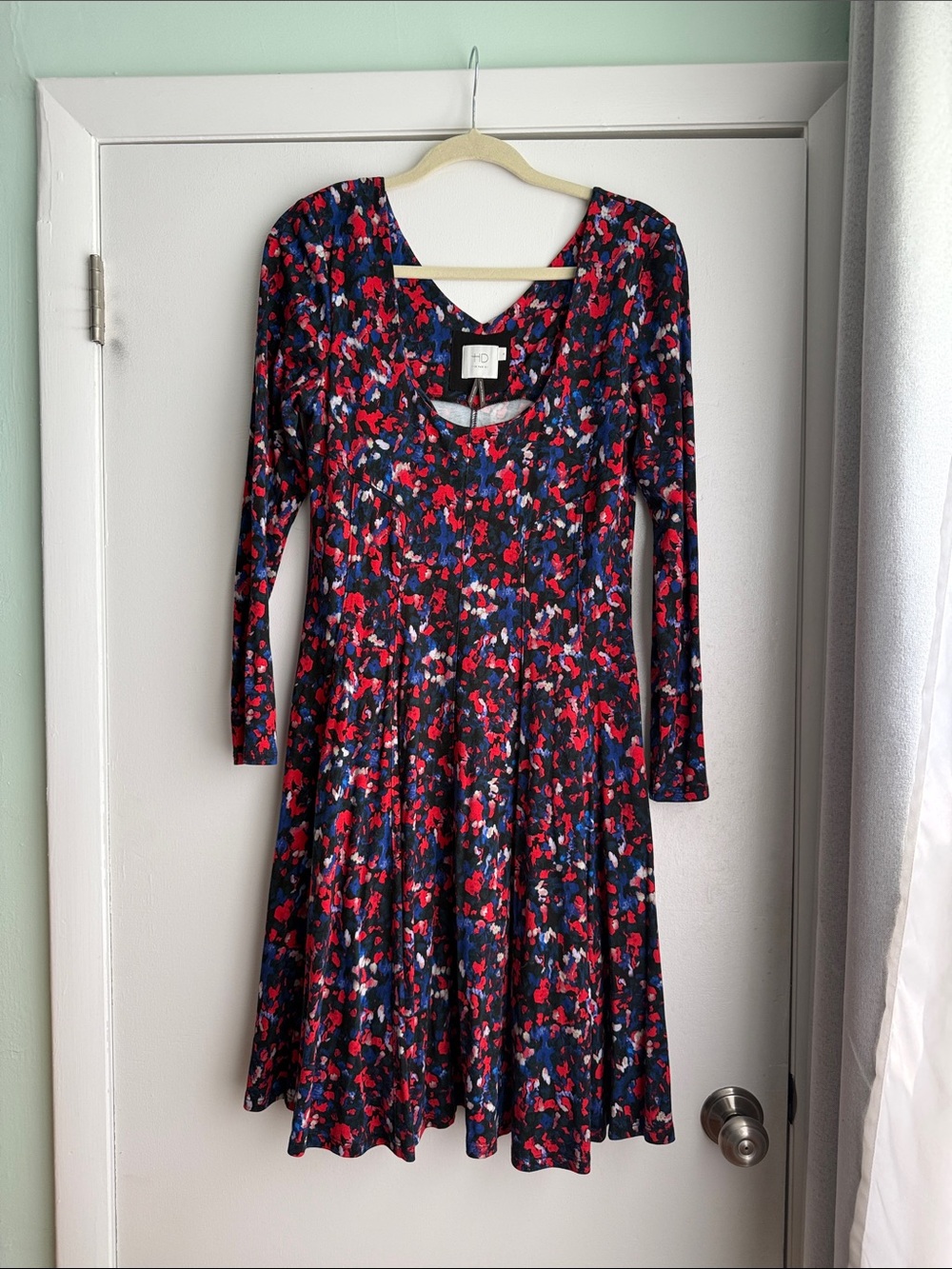 Anthropologie HD in Paris fit and flare black blue, and red dress from 2015